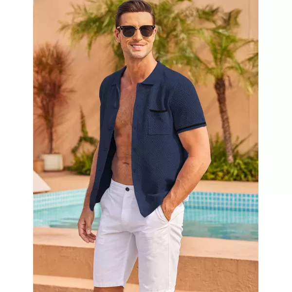 COOFANDY Men's Short Sleeve Knit Shirts Vintage Button Down Polo Shirt Casual Beach Tops