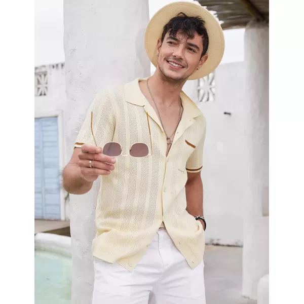 COOFANDY Men's Short Sleeve Knit Shirts Vintage Button Down Polo Shirt Casual Beach Tops