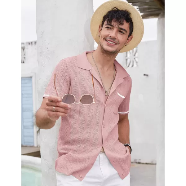 COOFANDY Men's Short Sleeve Knit Shirts Vintage Button Down Polo Shirt Casual Beach Tops