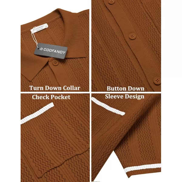 COOFANDY Men's Short Sleeve Knit Shirts Vintage Button Down Polo Shirt Casual Beach Tops