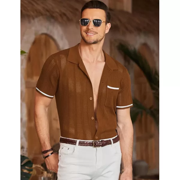 COOFANDY Men's Short Sleeve Knit Shirts Vintage Button Down Polo Shirt Casual Beach Tops
