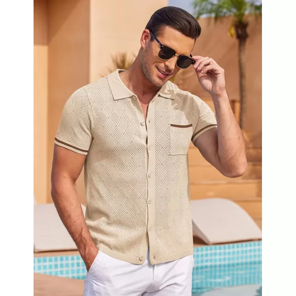 COOFANDY Men's Short Sleeve Knit Shirts Vintage Button Down Polo Shirt Casual Beach Tops