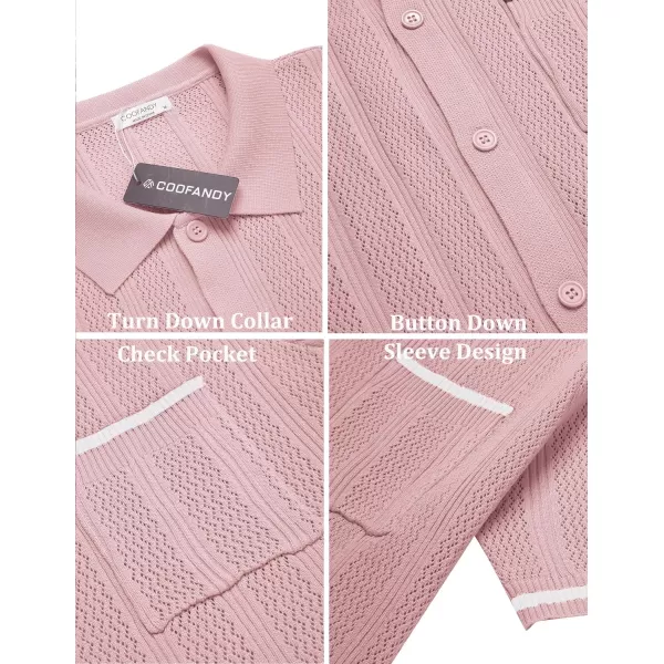 COOFANDY Men's Short Sleeve Knit Shirts Vintage Button Down Polo Shirt Casual Beach Tops