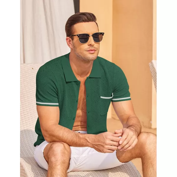 COOFANDY Men's Short Sleeve Knit Shirts Vintage Button Down Polo Shirt Casual Beach Tops