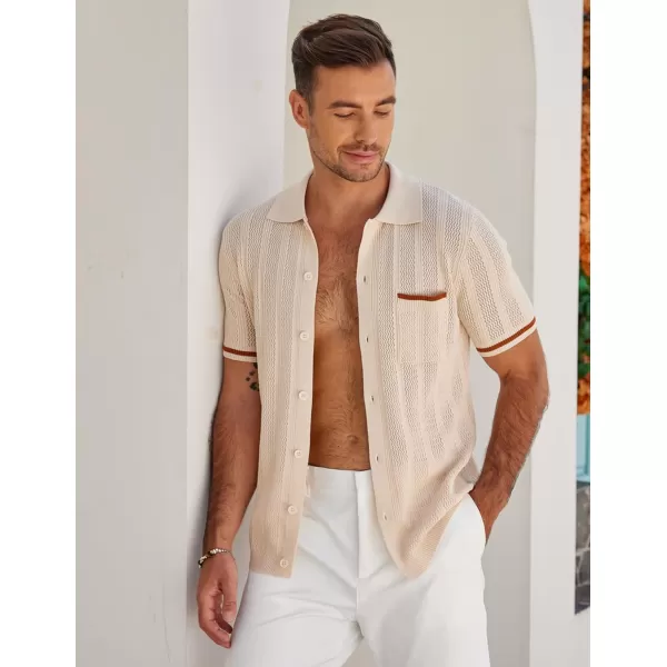 COOFANDY Men's Short Sleeve Knit Shirts Vintage Button Down Polo Shirt Casual Beach Tops