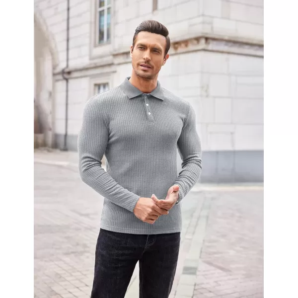 COOFANDY Men's Stretch Muscle Tshirts Long Sleeve Knit Tees Casual Slim Fit Polo Shirts