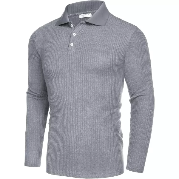 COOFANDY Men's Stretch Muscle Tshirts Long Sleeve Knit Tees Casual Slim Fit Polo Shirts