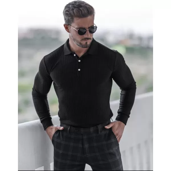 COOFANDY Men's Stretch Muscle Tshirts Long Sleeve Knit Tees Casual Slim Fit Polo Shirts