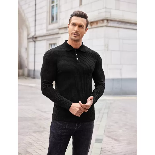 COOFANDY Men's Stretch Muscle Tshirts Long Sleeve Knit Tees Casual Slim Fit Polo Shirts