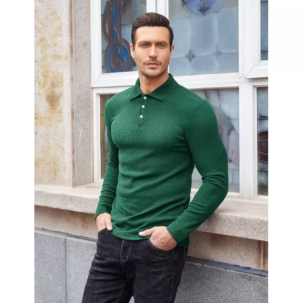 COOFANDY Men's Stretch Muscle Tshirts Long Sleeve Knit Tees Casual Slim Fit Polo Shirts