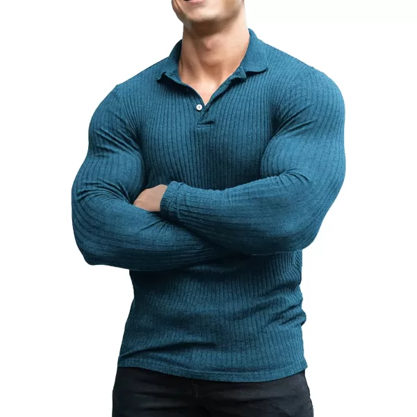 COOFANDY Men's Stretch Muscle Tshirts Long Sleeve Knit Tees Casual Slim Fit Polo Shirts