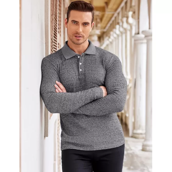 COOFANDY Men's Stretch Muscle Tshirts Long Sleeve Knit Tees Casual Slim Fit Polo Shirts