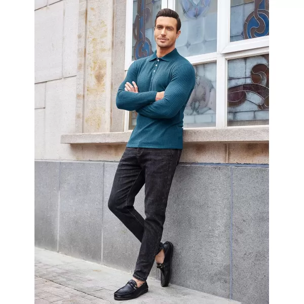 COOFANDY Men's Stretch Muscle Tshirts Long Sleeve Knit Tees Casual Slim Fit Polo Shirts