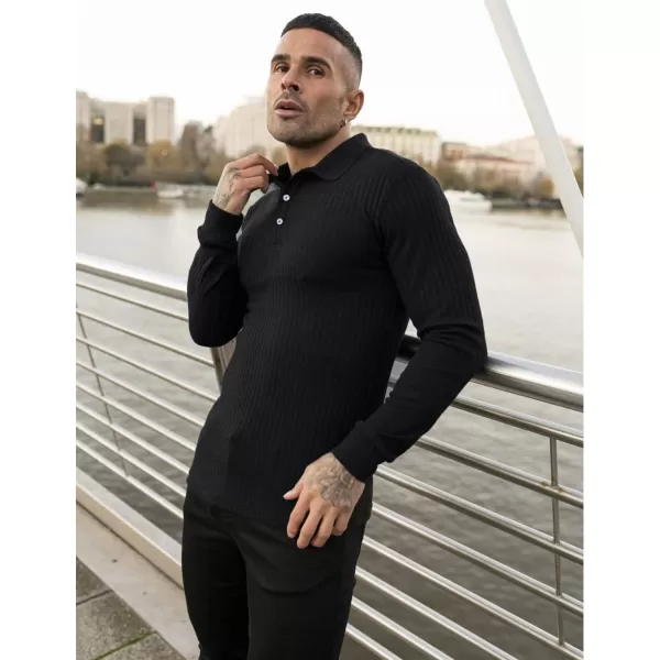 COOFANDY Men's Stretch Muscle Tshirts Long Sleeve Knit Tees Casual Slim Fit Polo Shirts