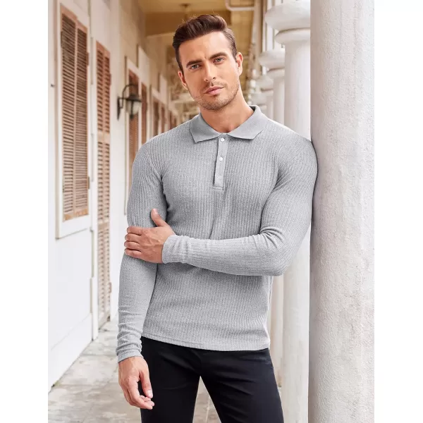 COOFANDY Men's Stretch Muscle Tshirts Long Sleeve Knit Tees Casual Slim Fit Polo Shirts
