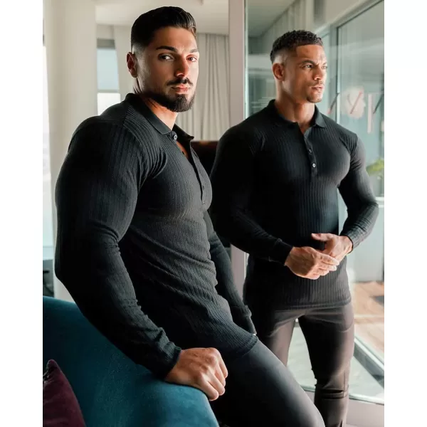 COOFANDY Men's Stretch Muscle Tshirts Long Sleeve Knit Tees Casual Slim Fit Polo Shirts