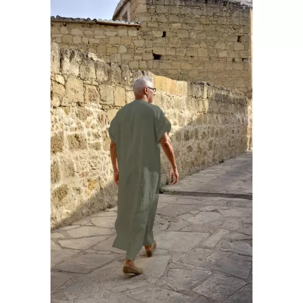 COOFANDY Men's V-Neck Linen Robe Short Sleeve Kaftan Thobe Long Gown Casual Shirt for Beach, Summer