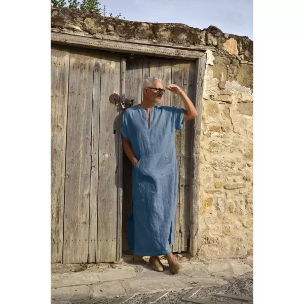 COOFANDY Men's V-Neck Linen Robe Short Sleeve Kaftan Thobe Long Gown Casual Shirt for Beach, Summer