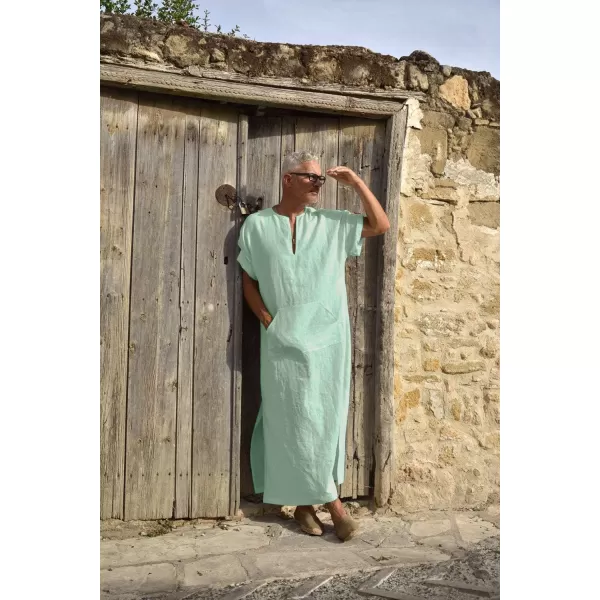 COOFANDY Men's V-Neck Linen Robe Short Sleeve Kaftan Thobe Long Gown Casual Shirt for Beach, Summer