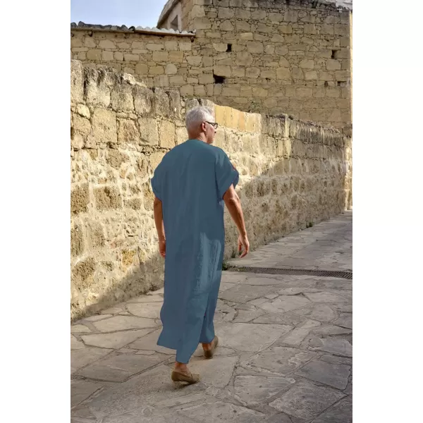 COOFANDY Men's V-Neck Linen Robe Short Sleeve Kaftan Thobe Long Gown Casual Shirt for Beach, Summer