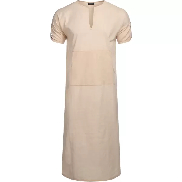 COOFANDY Men's V-Neck Linen Robe Short Sleeve Kaftan Thobe Long Gown Casual Shirt for Beach, Summer