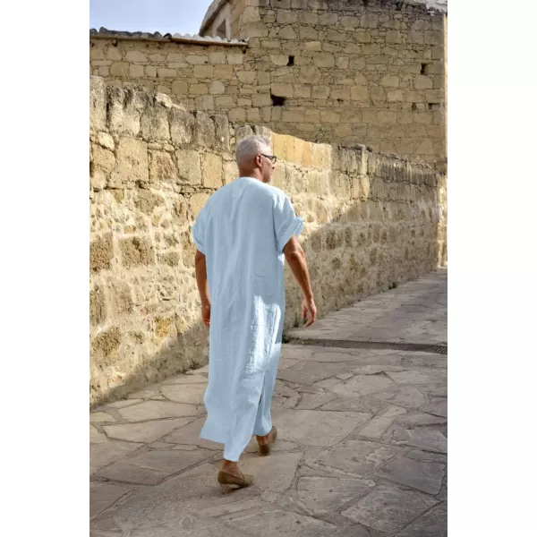 COOFANDY Men's V-Neck Linen Robe Short Sleeve Kaftan Thobe Long Gown Casual Shirt for Beach, Summer
