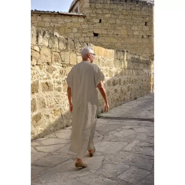 COOFANDY Men's V-Neck Linen Robe Short Sleeve Kaftan Thobe Long Gown Casual Shirt for Beach, Summer