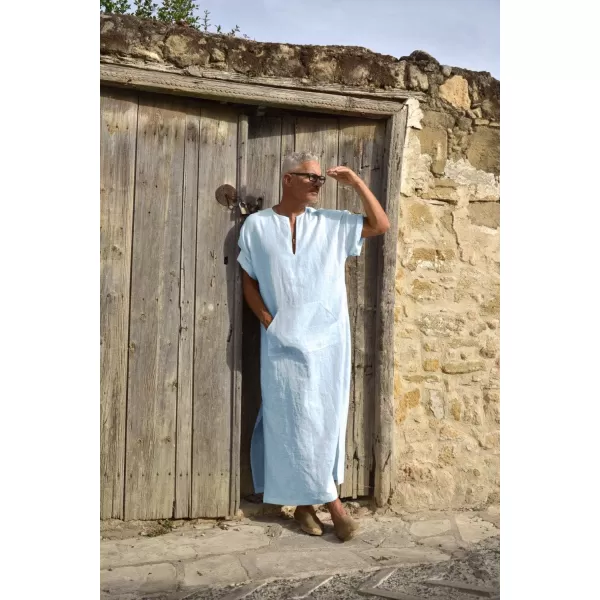 COOFANDY Men's V-Neck Linen Robe Short Sleeve Kaftan Thobe Long Gown Casual Shirt for Beach, Summer