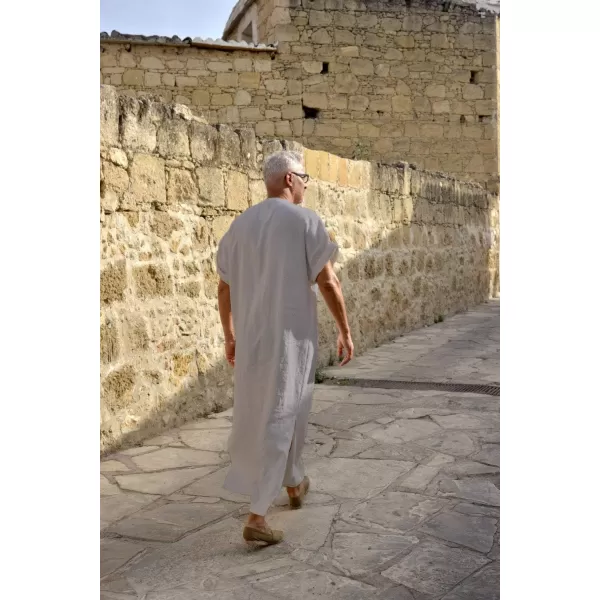COOFANDY Men's V-Neck Linen Robe Short Sleeve Kaftan Thobe Long Gown Casual Shirt for Beach, Summer