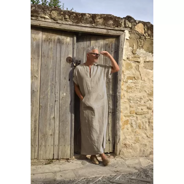 COOFANDY Men's V-Neck Linen Robe Short Sleeve Kaftan Thobe Long Gown Casual Shirt for Beach, Summer