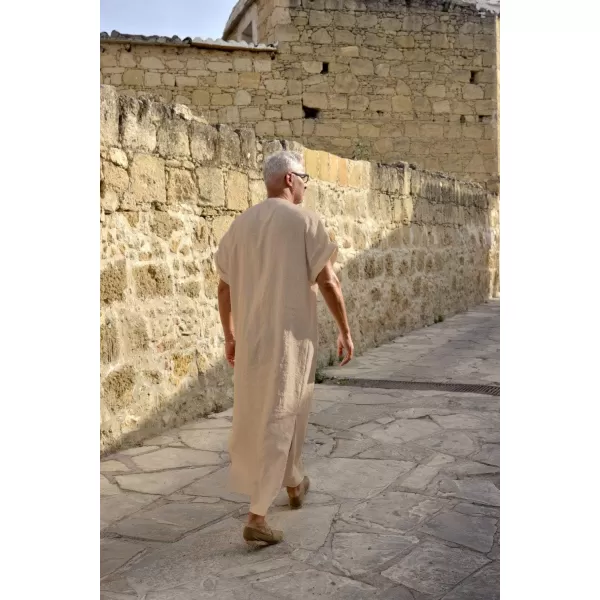 COOFANDY Men's V-Neck Linen Robe Short Sleeve Kaftan Thobe Long Gown Casual Shirt for Beach, Summer