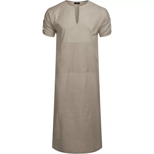 COOFANDY Men's V-Neck Linen Robe Short Sleeve Kaftan Thobe Long Gown Casual Shirt for Beach, Summer