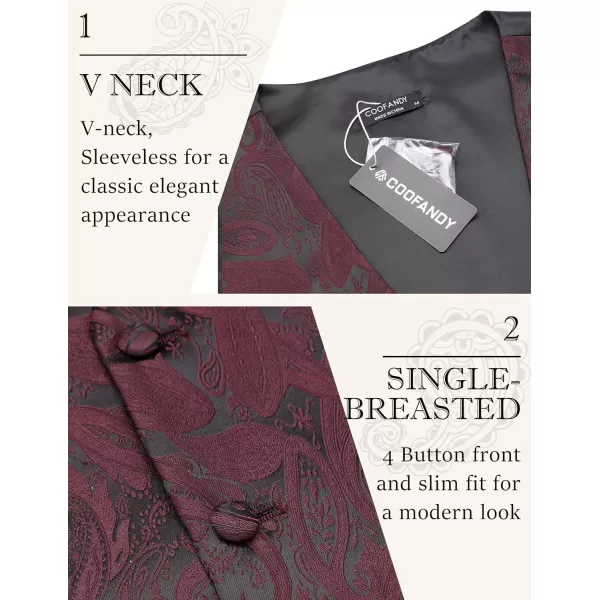 COOFANDY Men's Vest Tie Set 3PC Paisley Floral Jacquard Waistcoat and Necktie Pocket Square Vests for Suit Tuxedo Wedding