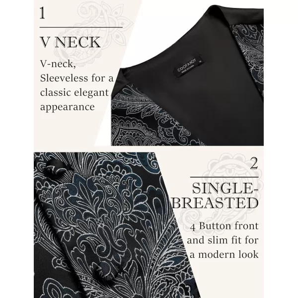 COOFANDY Men's Vest Tie Set 3PC Paisley Floral Jacquard Waistcoat and Necktie Pocket Square Vests for Suit Tuxedo Wedding