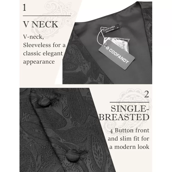 COOFANDY Men's Vest Tie Set 3PC Paisley Floral Jacquard Waistcoat and Necktie Pocket Square Vests for Suit Tuxedo Wedding