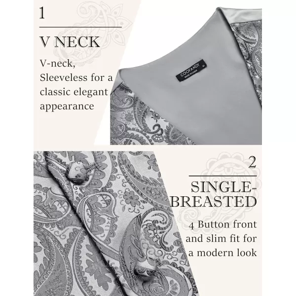 COOFANDY Men's Vest Tie Set 3PC Paisley Floral Jacquard Waistcoat and Necktie Pocket Square Vests for Suit Tuxedo Wedding