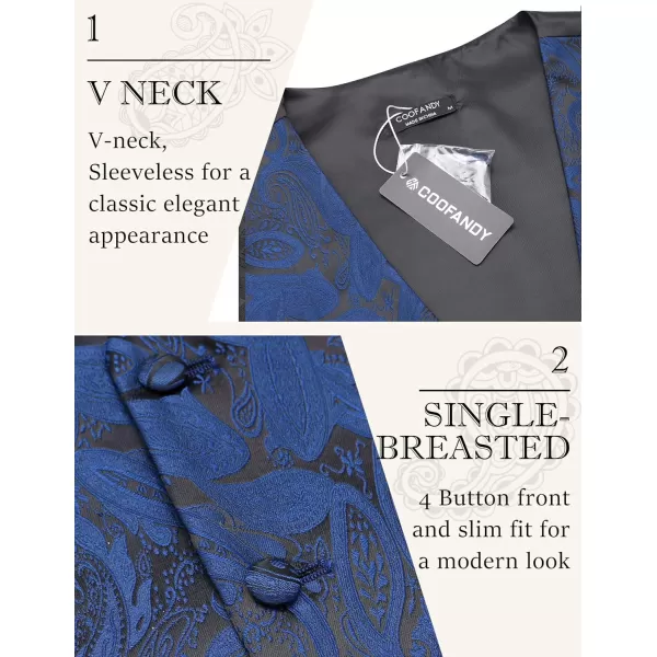 COOFANDY Men's Vest Tie Set 3PC Paisley Floral Jacquard Waistcoat and Necktie Pocket Square Vests for Suit Tuxedo Wedding