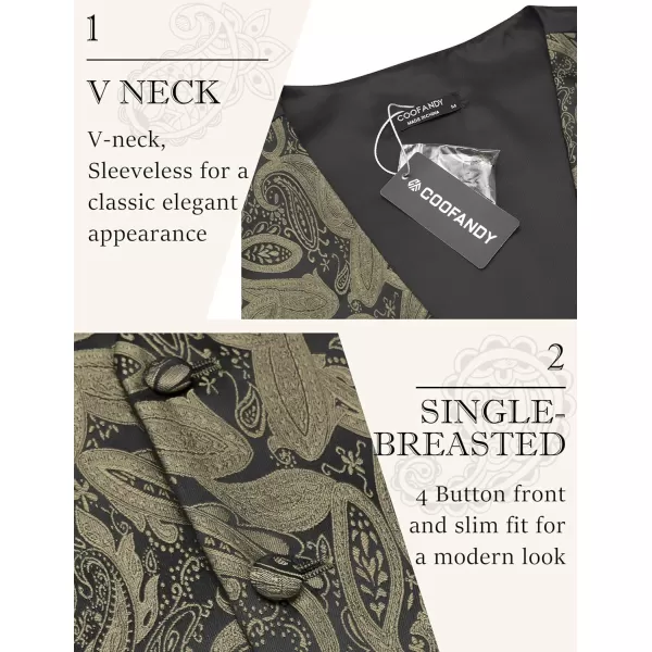 COOFANDY Men's Vest Tie Set 3PC Paisley Floral Jacquard Waistcoat and Necktie Pocket Square Vests for Suit Tuxedo Wedding