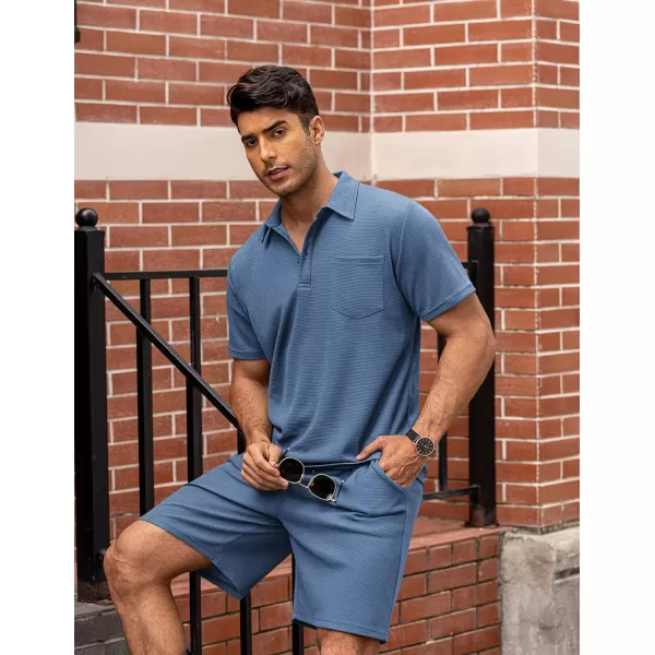 COOFANDY Men's Waffle Knit Polo Shirt and Shorts Set 2 Pieces Outfits Summer Suit Casual Tracksuit with Pockets