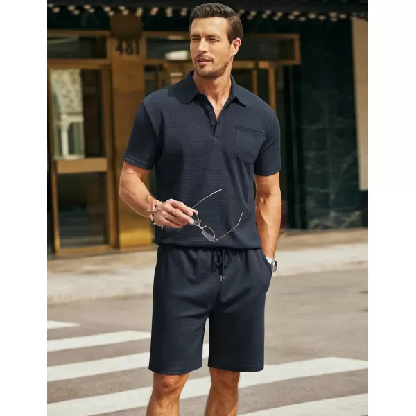 COOFANDY Men's Waffle Knit Polo Shirt and Shorts Set 2 Pieces Outfits Summer Suit Casual Tracksuit with Pockets