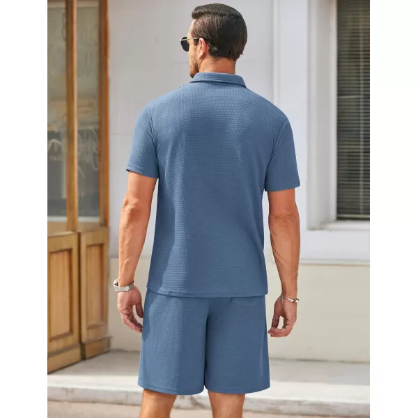 COOFANDY Men's Waffle Knit Polo Shirt and Shorts Set 2 Pieces Outfits Summer Suit Casual Tracksuit with Pockets