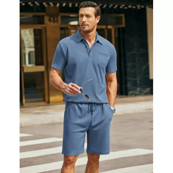 COOFANDY Men's Waffle Knit Polo Shirt and Shorts Set 2 Pieces Outfits Summer Suit Casual Tracksuit with Pockets