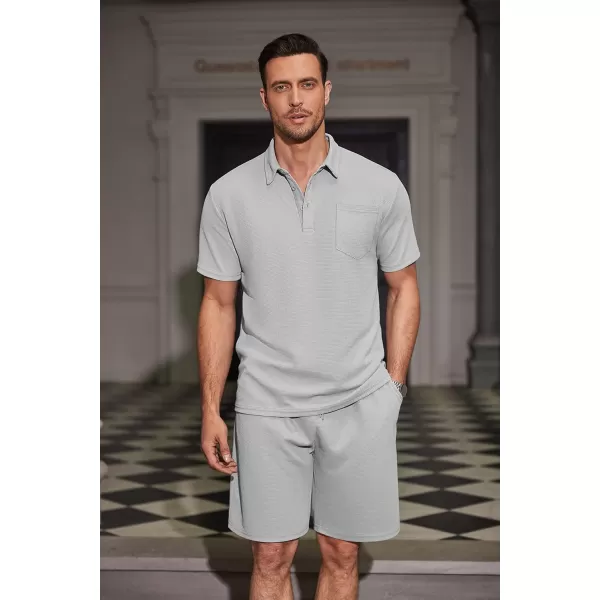 COOFANDY Men's Waffle Knit Polo Shirt and Shorts Set 2 Pieces Outfits Summer Suit Casual Tracksuit with Pockets
