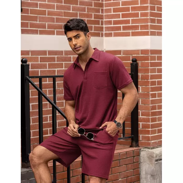 COOFANDY Men's Waffle Knit Polo Shirt and Shorts Set 2 Pieces Outfits Summer Suit Casual Tracksuit with Pockets