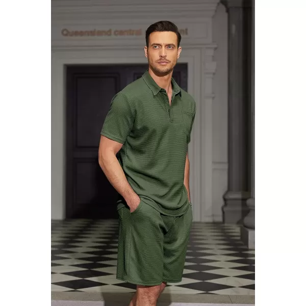 COOFANDY Men's Waffle Knit Polo Shirt and Shorts Set 2 Pieces Outfits Summer Suit Casual Tracksuit with Pockets