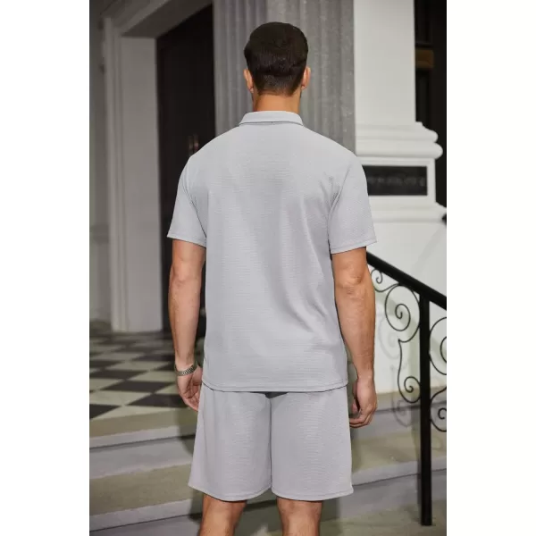 COOFANDY Men's Waffle Knit Polo Shirt and Shorts Set 2 Pieces Outfits Summer Suit Casual Tracksuit with Pockets