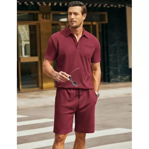 COOFANDY Men's Waffle Knit Polo Shirt and Shorts Set 2 Pieces Outfits Summer Suit Casual Tracksuit with Pockets