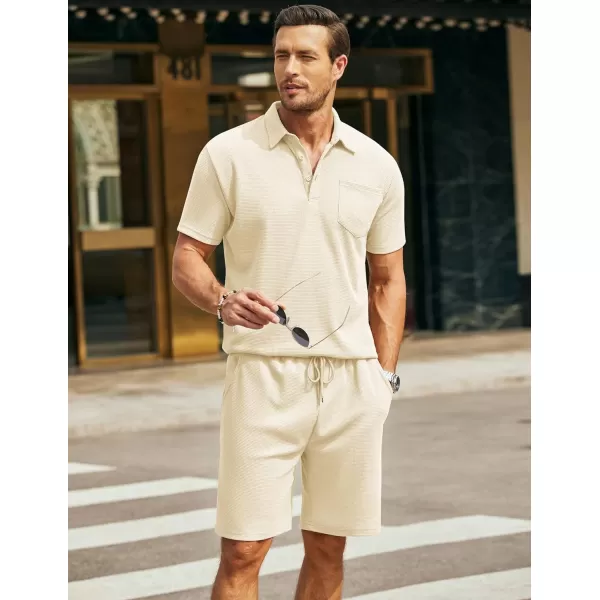 COOFANDY Men's Waffle Knit Polo Shirt and Shorts Set 2 Pieces Outfits Summer Suit Casual Tracksuit with Pockets