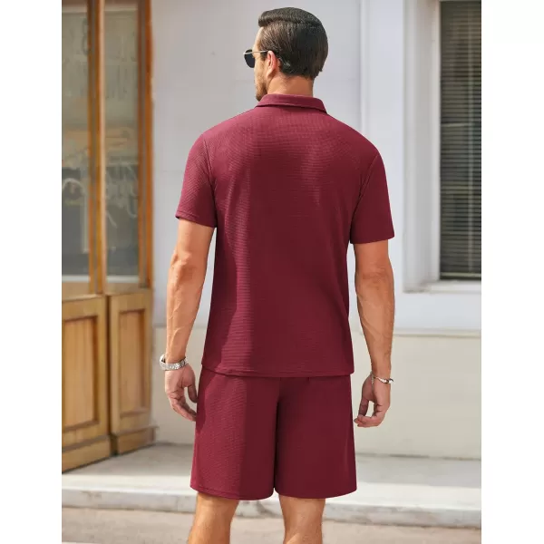 COOFANDY Men's Waffle Knit Polo Shirt and Shorts Set 2 Pieces Outfits Summer Suit Casual Tracksuit with Pockets