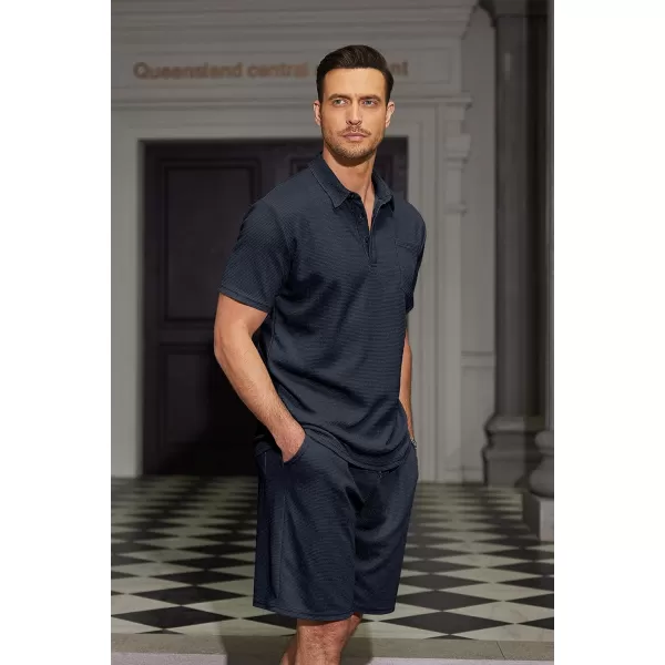 COOFANDY Men's Waffle Knit Polo Shirt and Shorts Set 2 Pieces Outfits Summer Suit Casual Tracksuit with Pockets